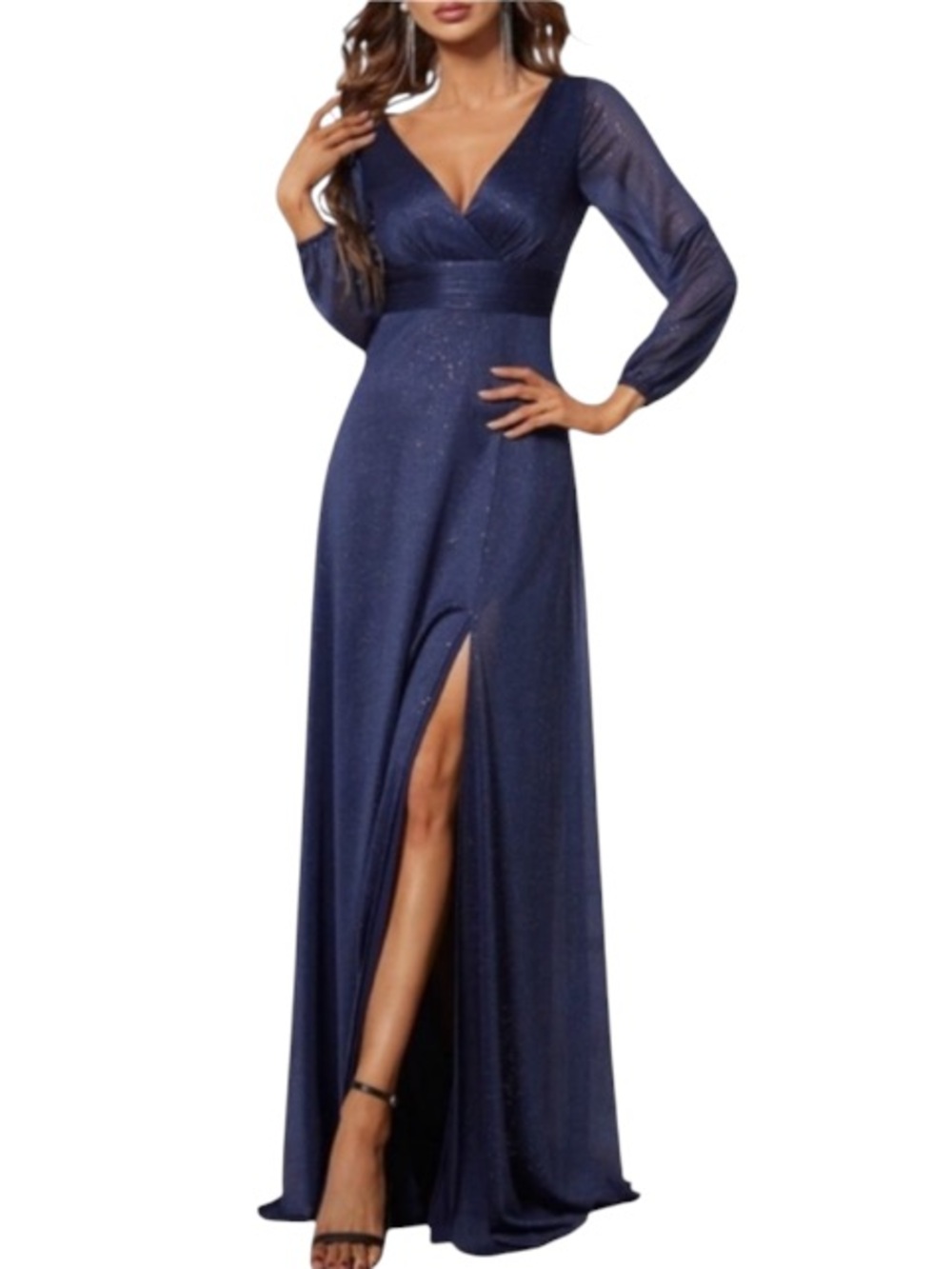 Ever Pretty midnight blue sparkle long sleeve v-neck formal gown size large